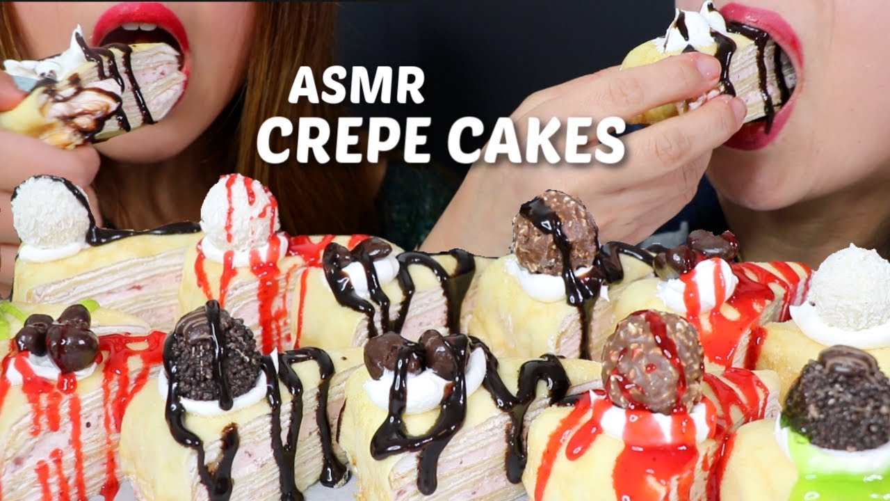 ASMR LOADED CREPE CAKES (soft eating sounds)크레이프 케이크 리얼사운드 먹방 緑茶 チョコレート ミル | Kim&Liz ASMR