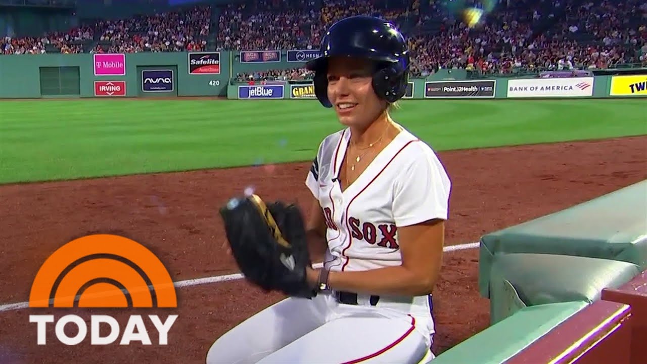 Dylan Dreyer tries her hand at fielding foul balls at Fenway
