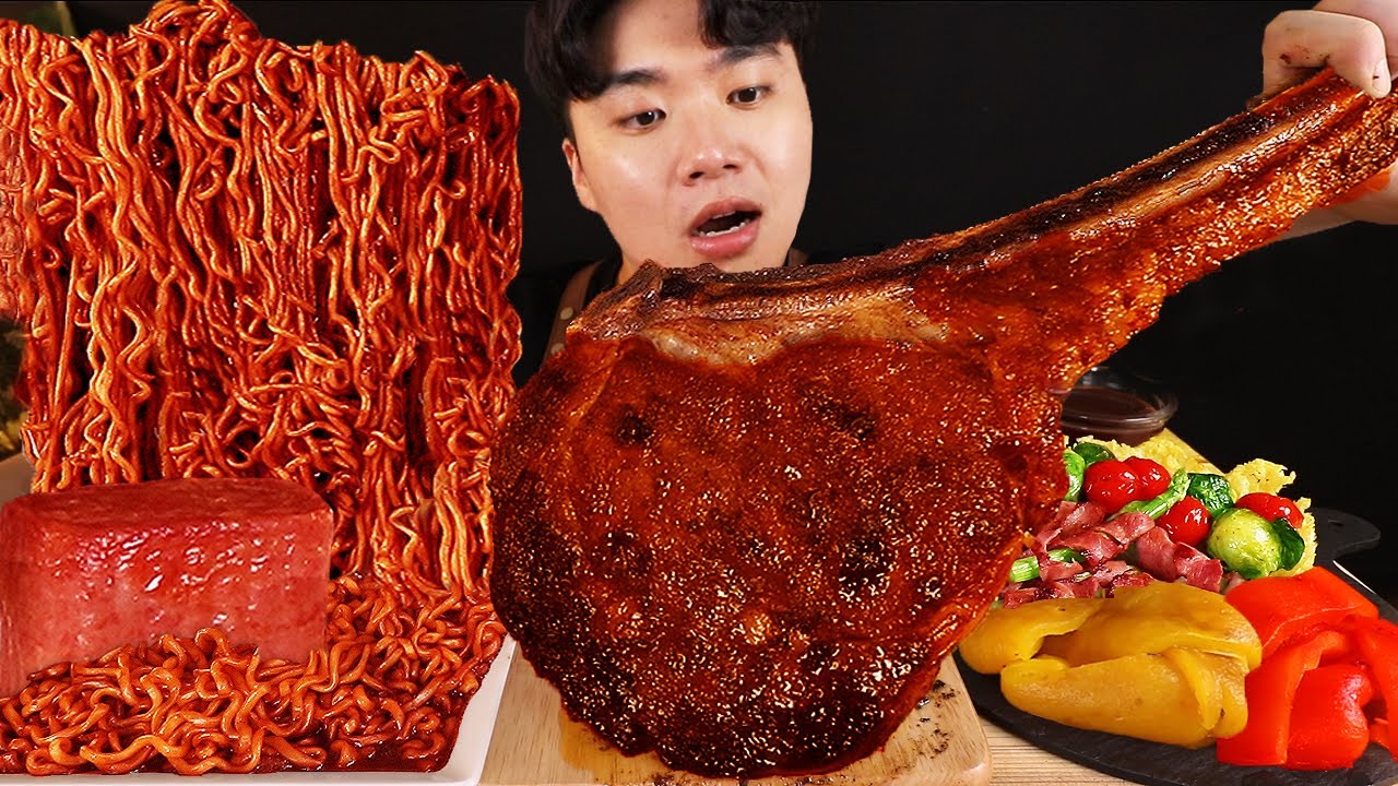 ASMR MUKBANG 짜파게티 & 치즈 통스팸 & 스테이크 BLACK BEAN NOODLES & STEAK & CHEESE SPAM EATING SOUND!
