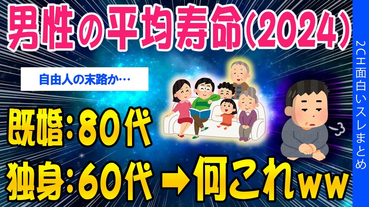 【2ch健康スレ】男性の平均寿命(2024年)、既婚80代・独身60代➡何これww【ゆっくり解説】
