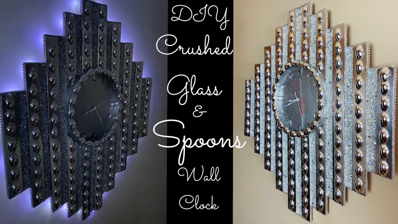 Dollar Tree DIY Crushed Glass & Spoons LED Lighting Large Glam Wall Clock Decor 2020 #WithMe