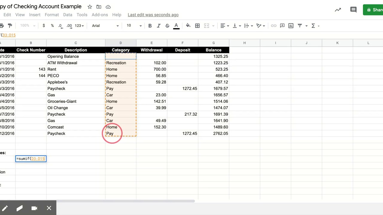 Checking Account Formulas for a Spreadsheet with a Running Balance