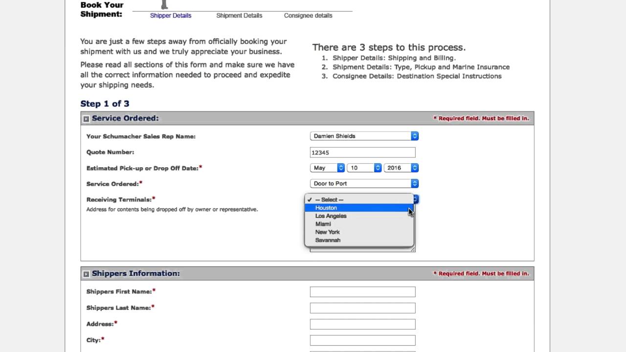 Schumacher Cargo Booking Form Tutorial - Step 1
