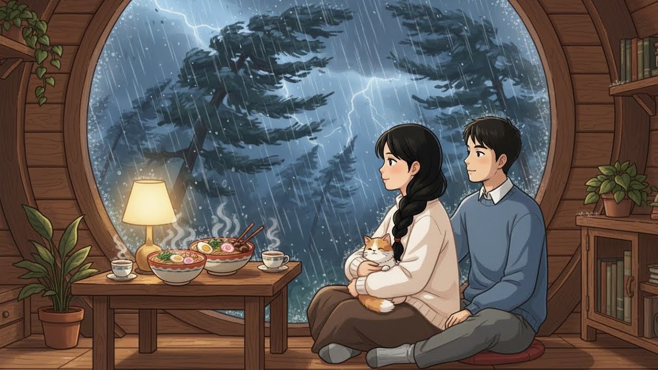 A Cozy Treehouse Storm Night ⛈️🌪️— Cooking Noodles and Egg Omelette|| Peaceful Ghibli-Style ASMR