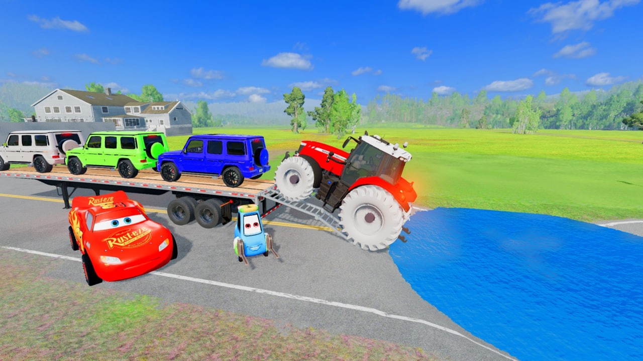 Flatbed Truck McQueen | Transportation with Truck - Pothole vs Car # | BeamNG.Drive Gameplay