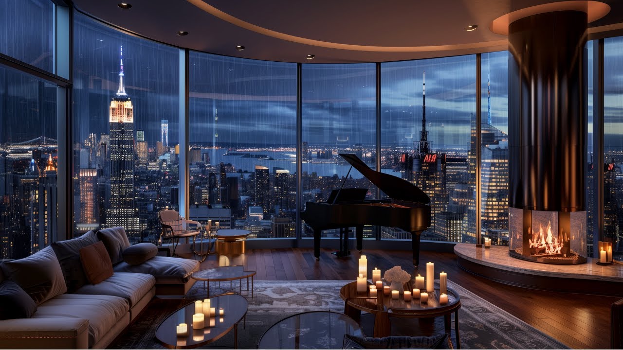 Luxury New York City Apartment at night | Soft Piano Jazz, Fireplace Crackle and Rain Ambience