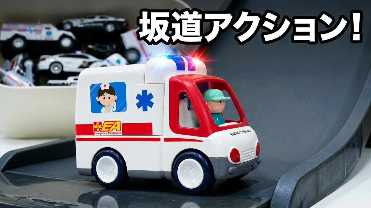 救急車のミニカーが走る！ 緊急車両 坂道 サイレン音☆Miniature ambulance car running!Emergency vehicle hill siren sound ☆
