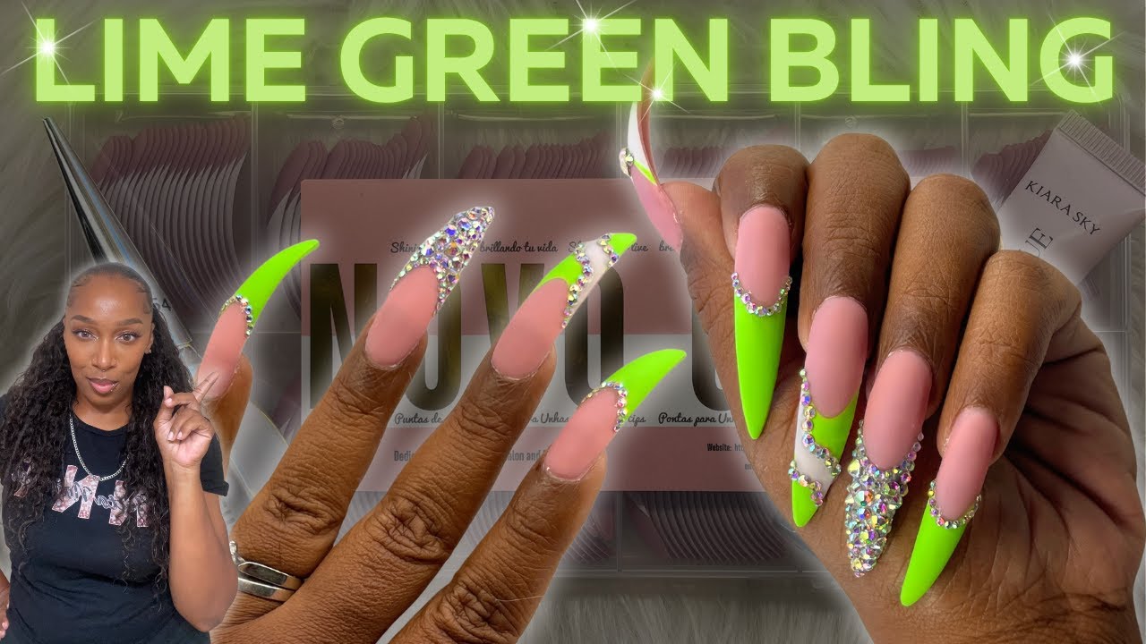 🎉 DIY Summer Nails at Home | Lime Green Bling on NOVO OVO XXL French Tips 💅✨