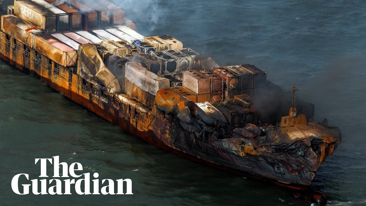 Drone footage shows cargo ship and oil tanker after North Sea collision