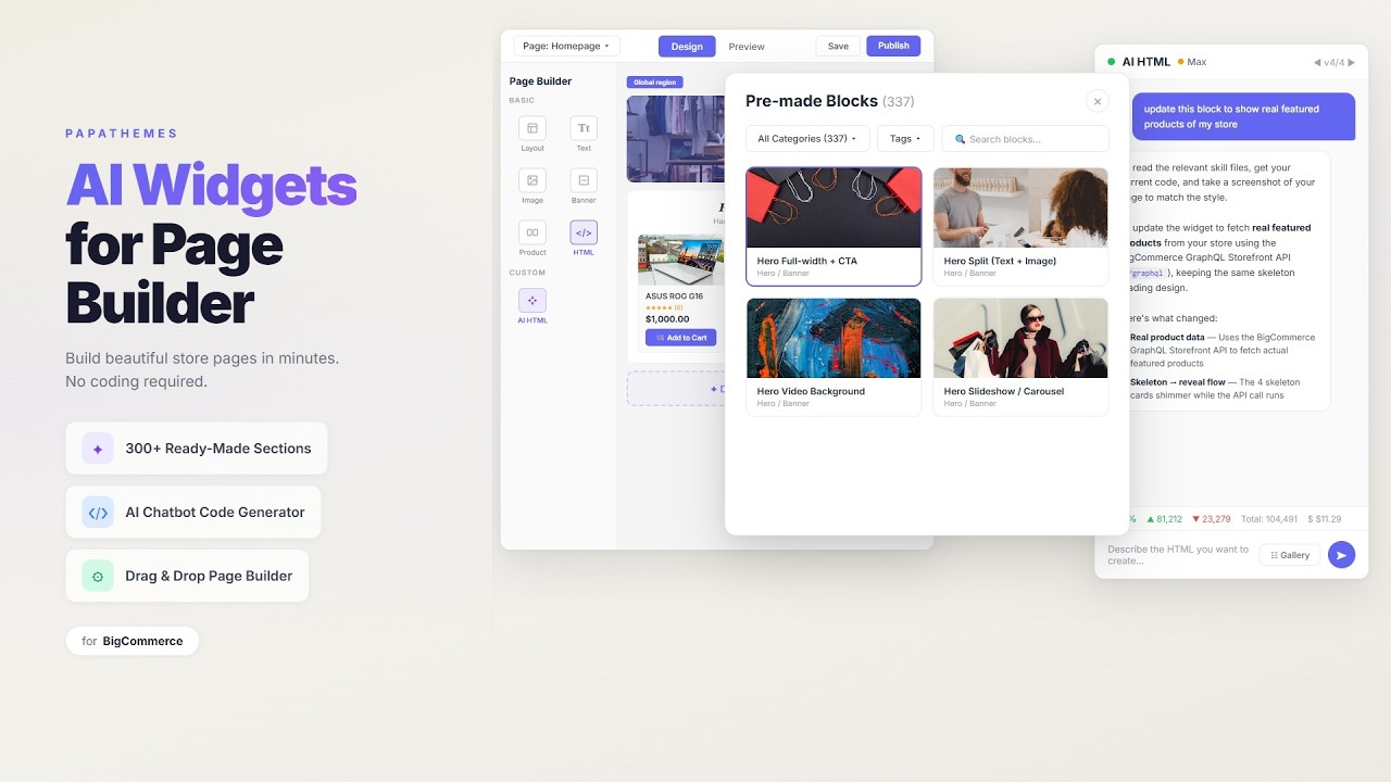 FREE AI Widgets for BigCommerce Page Builder | 300+ Blocks, Drag & Drop – PapaThemes