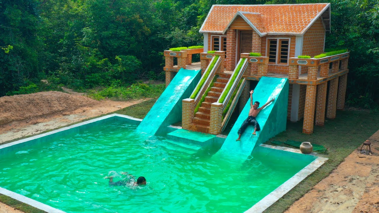 100Days Building Underground two-story House with water Slide To Swimming Pool