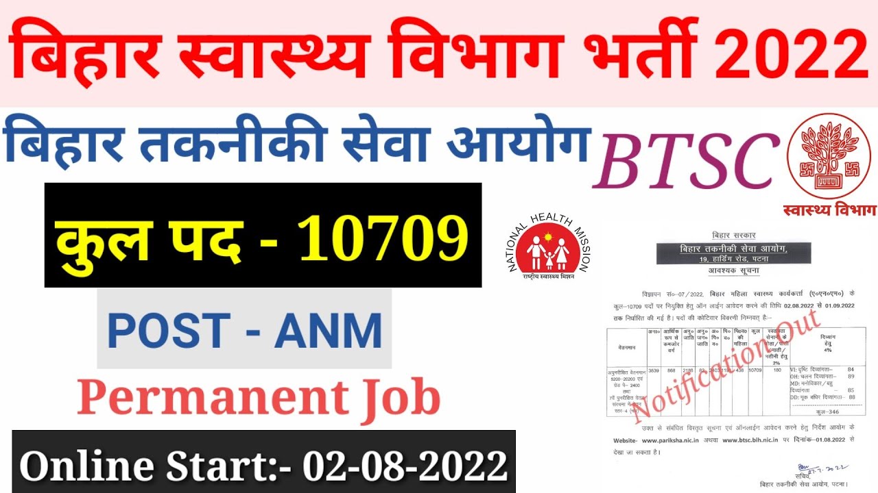 Bihar ANM Vacancy 2022 || Anm vacancy 2022 latest news || bihar anm new vacancy || Total Post-10709.