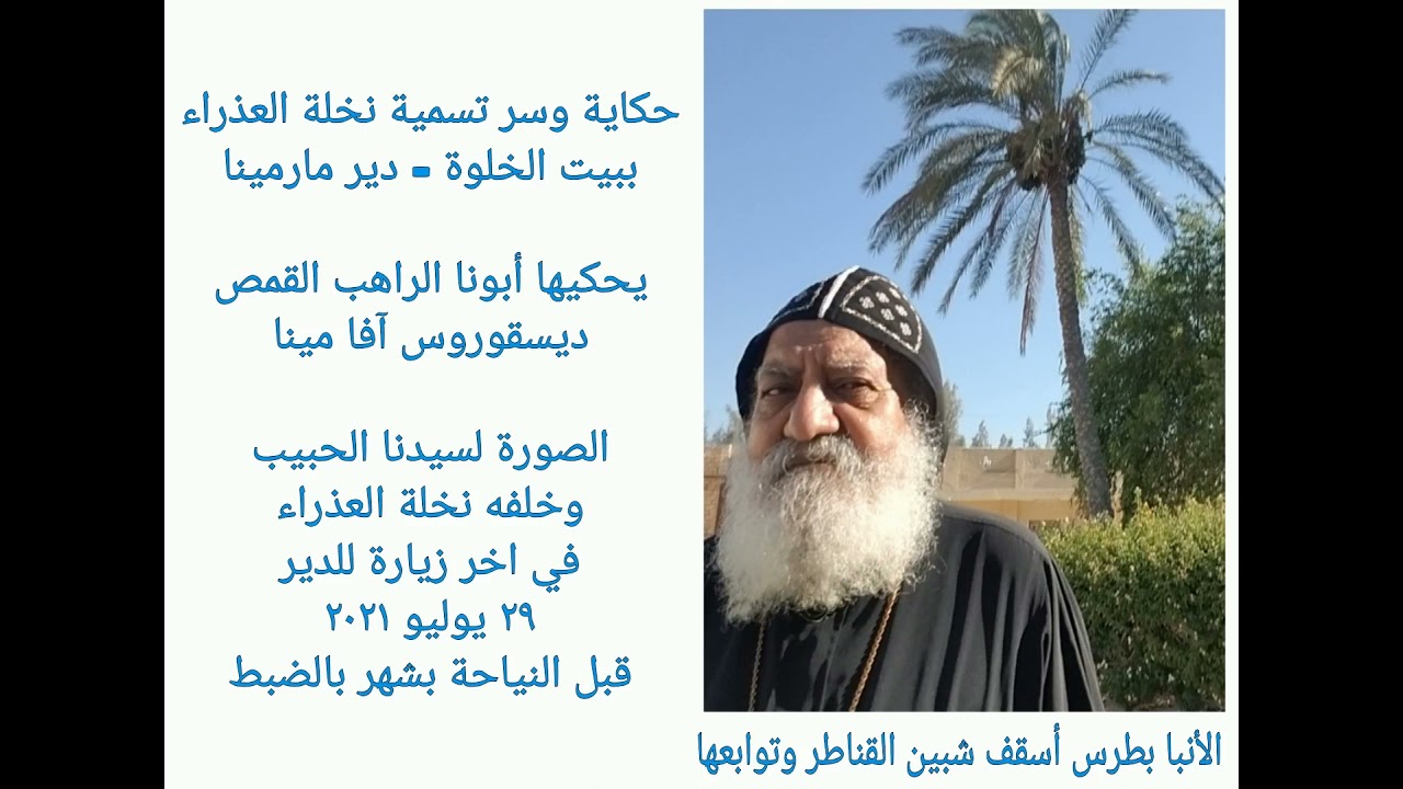 حكاية وسر تسمية نخلة العذراء ببيت الخلوة  دير مارمينا يحكيها أبونا ديسقوروس افامينا عن الأنبا بطرس