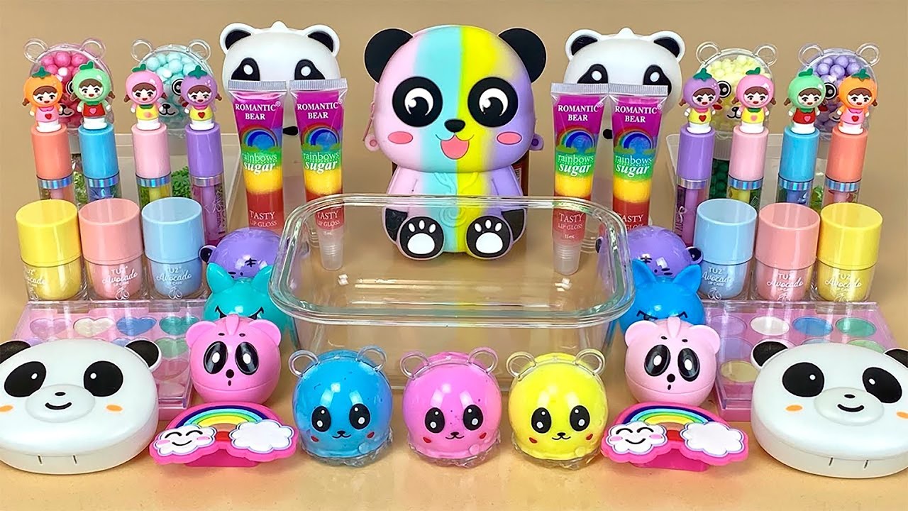 Rainbow PANDA SLIME. Mixing makeup and glitter into Clear Slime. Satisfying Slime Videos 1080p.