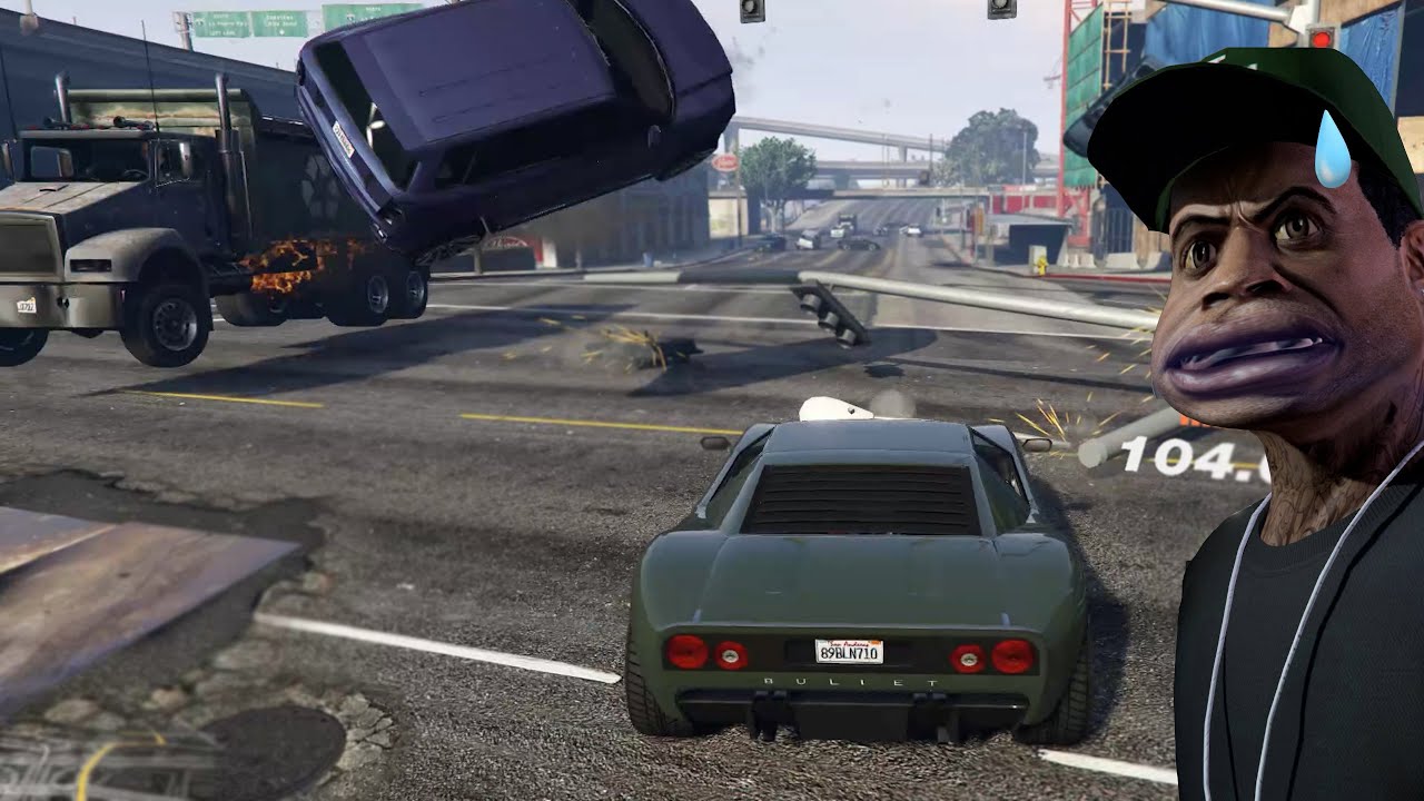 In traffic at a speed of 9999999, Lamar likes to drive up into the sky! - GTA5