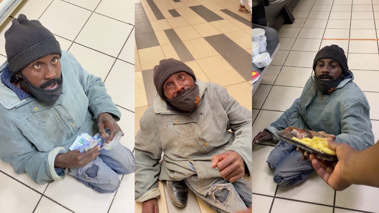 He was greeting and begging people for change and this man bought him everything he wanted