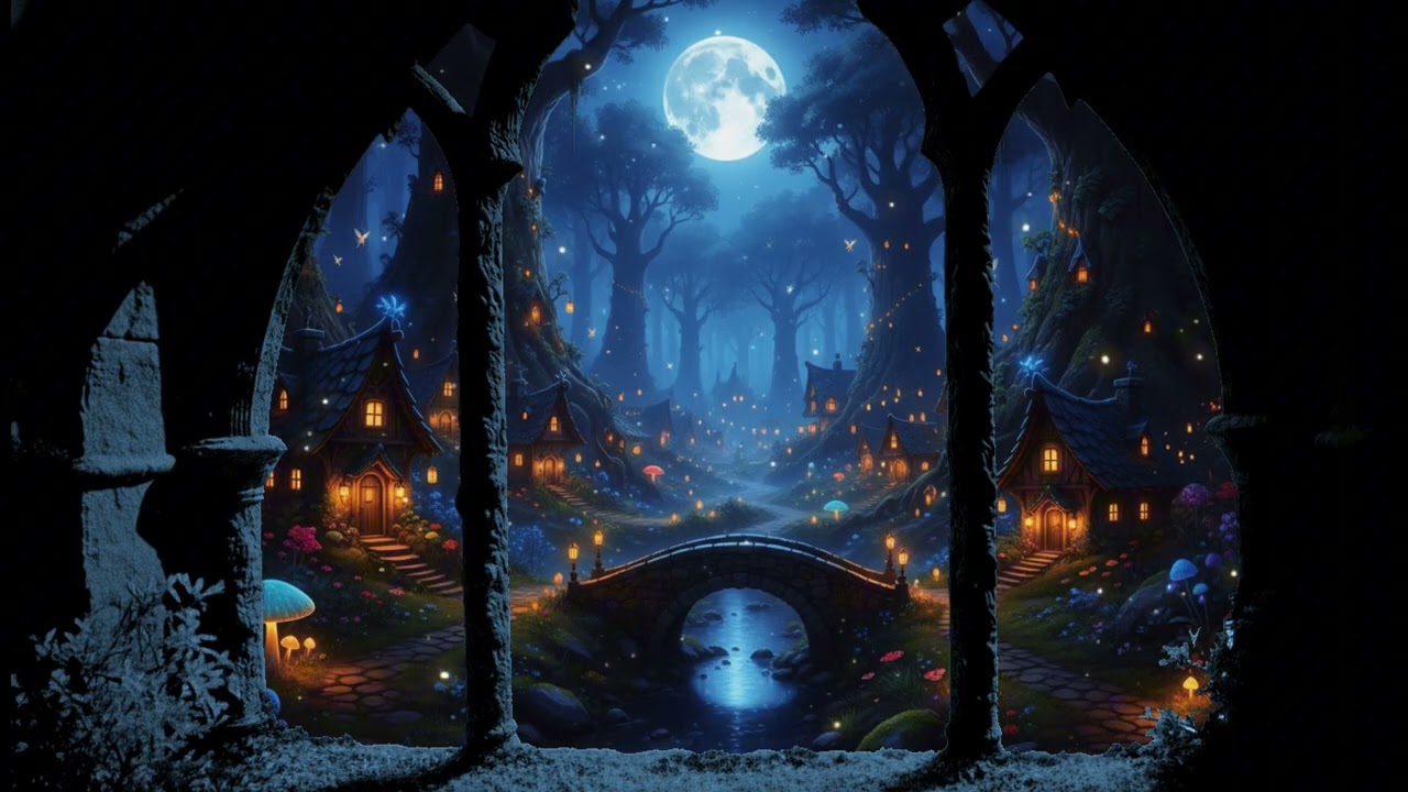 Magic Fairy Village 🔮 Window View 🍄 Full Moon Forest Ambience | Relaxing 4K for Projector