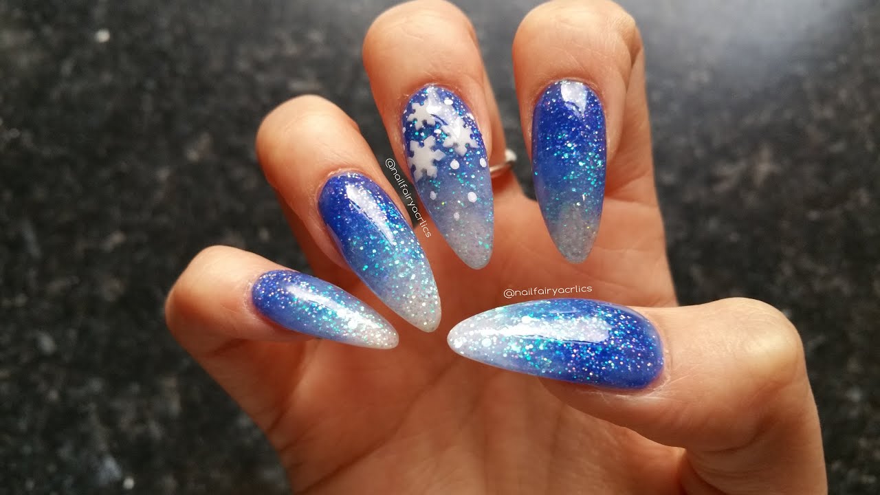 Acrylic Nails | Blue Glitter Gradient | Snowflakes
