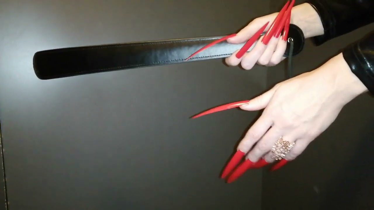 Domina BDSM Lady Larsen long red extreme ultra nails flogger punishment(video short version)