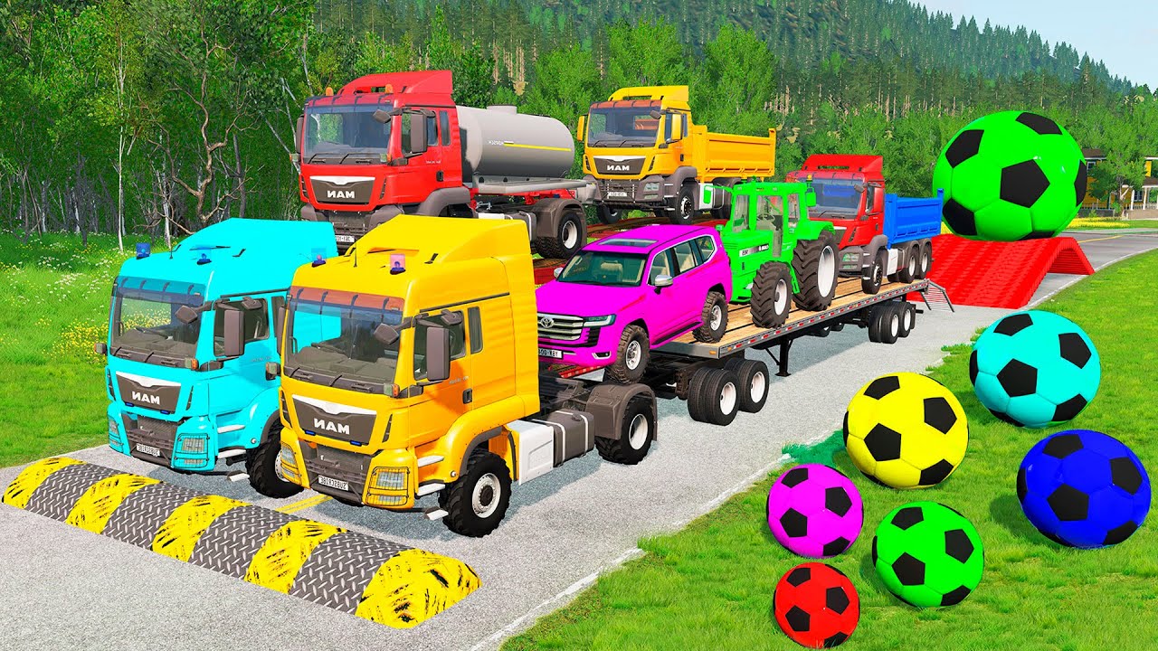 Flatbed Trailer McQueen Transportation with Truck - Speedbumps vs Cars vs Train - BeamNG.Drive #1