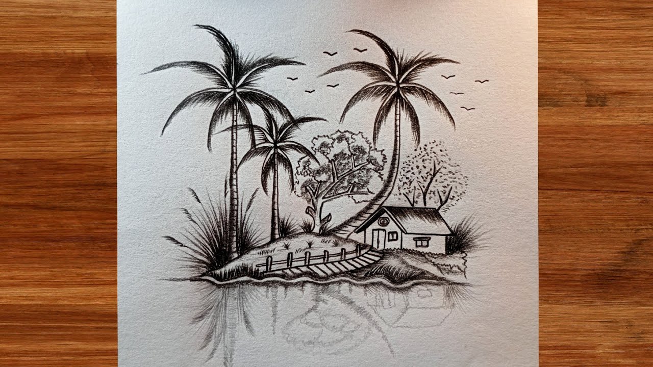 How to draw beautiful riverview water land scenery by pencil sketch