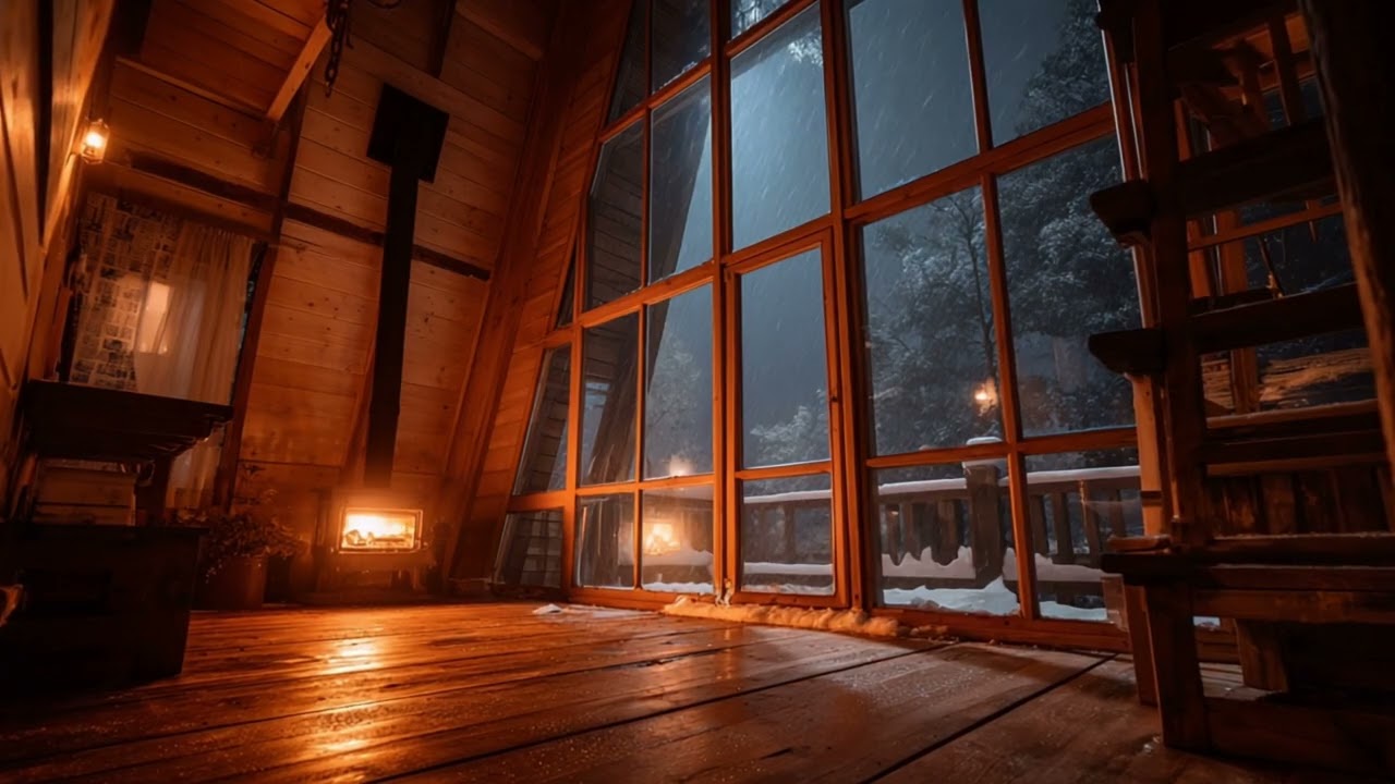 Quiet Luxury Cabin at Night | Fireplace & Winter Storm (1 Hour)