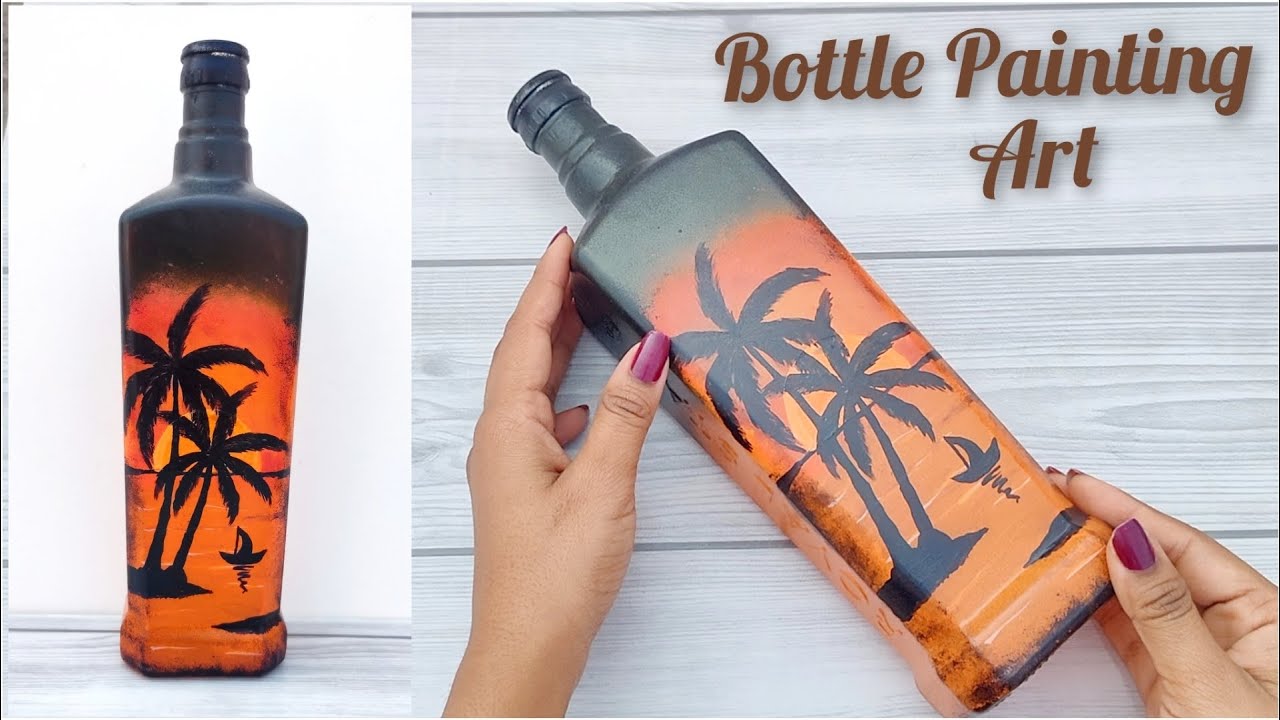 Bottle Painting// Sunset Bottle Painting Art // Easy Glass Painting With Acrylic Colour