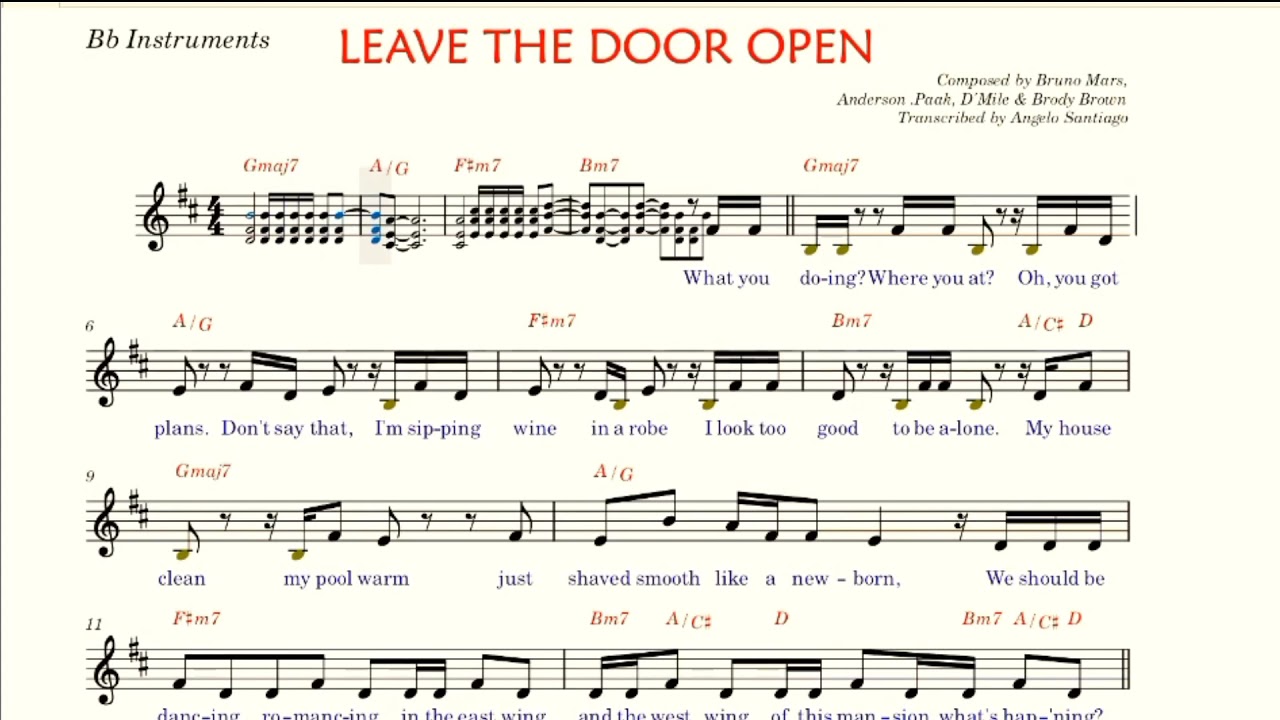 LEAVE THE DOOR OPEN Play Along Sheet Music for Bb Instruments - Bruno Mars, A. Paak, D'Mile B. Brown