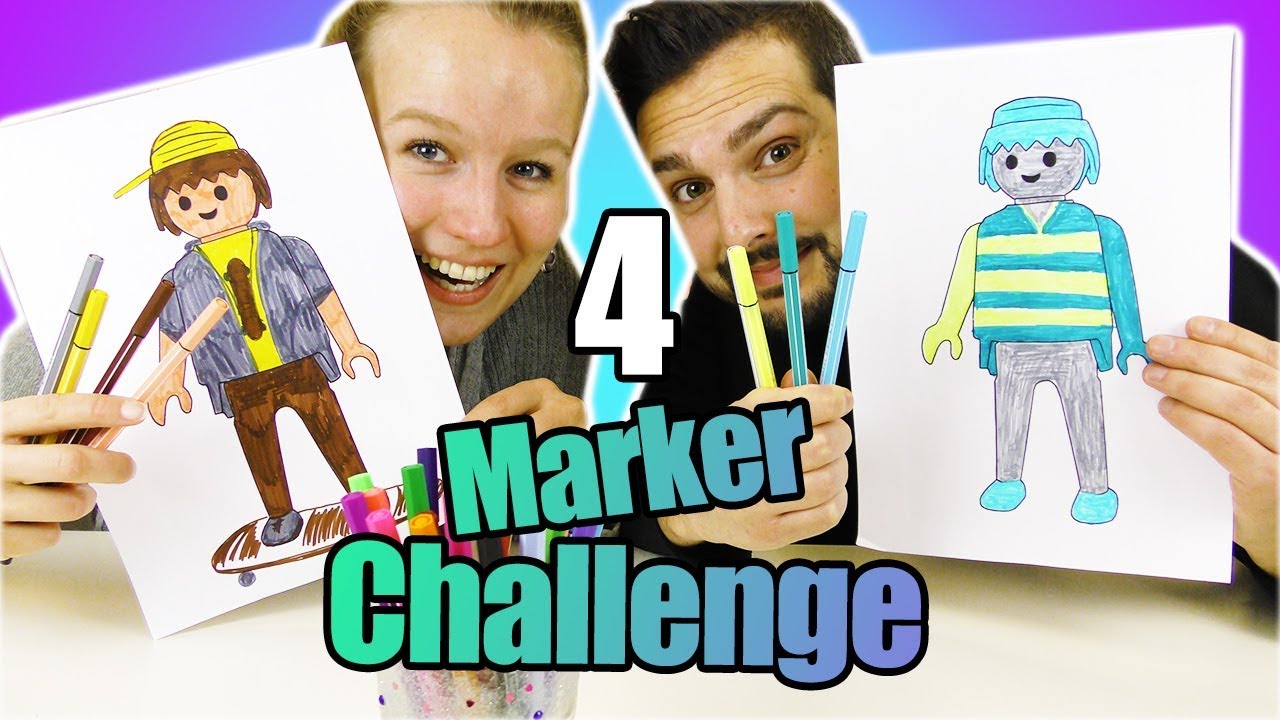 4 MARKER CHALLENGE mit Playmobil! Kaan VS Kathi malen Figuren aus! Wer kann besser malen?