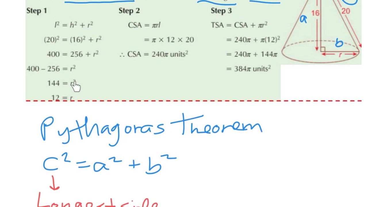 LC OL CSA and TSA of a cone (using pythag.  thm. to find radius)