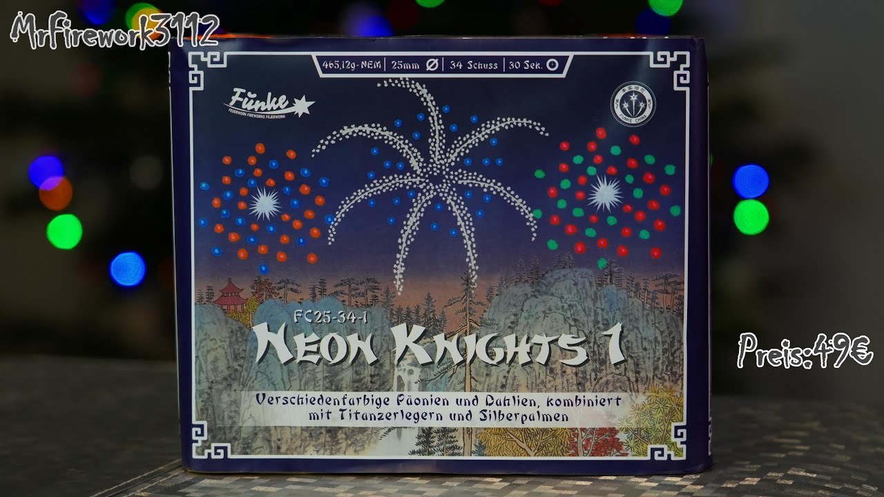 Funke Neon Knights 1 Batterie 34 Schuss kal. 25mm NEM: 465,12g Preis: 49€ | 4k