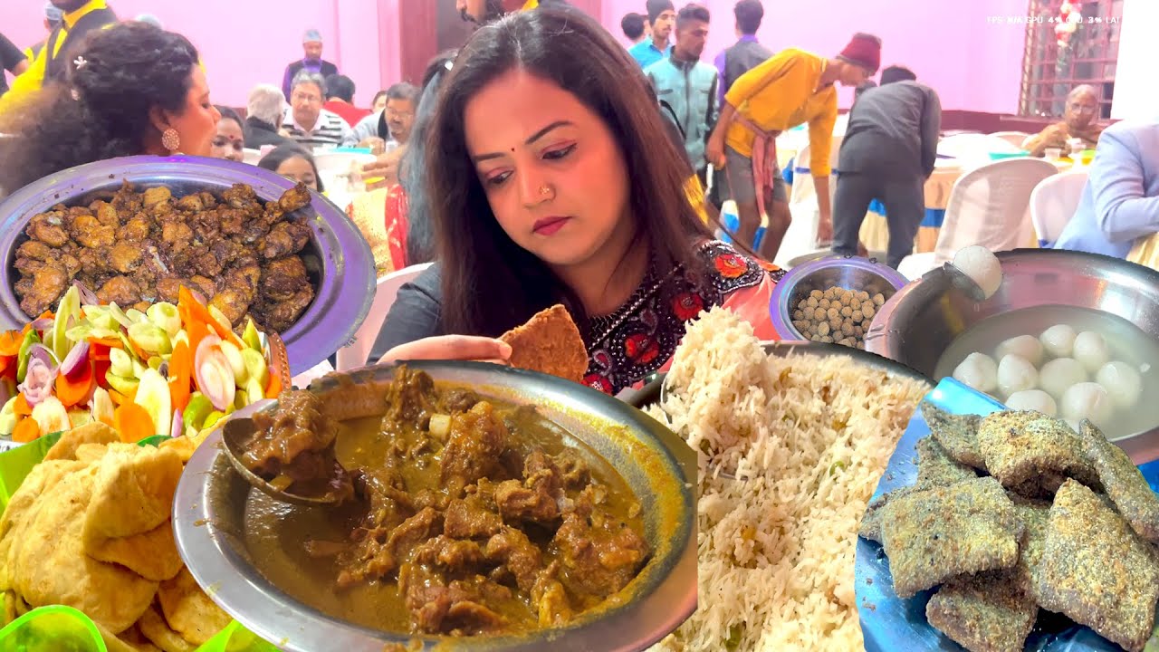 Eating Show - Bina Nimontrone Biya Bari | Mutton Kosha | Fish Fry | Chicken | Pulao | Rosogolla