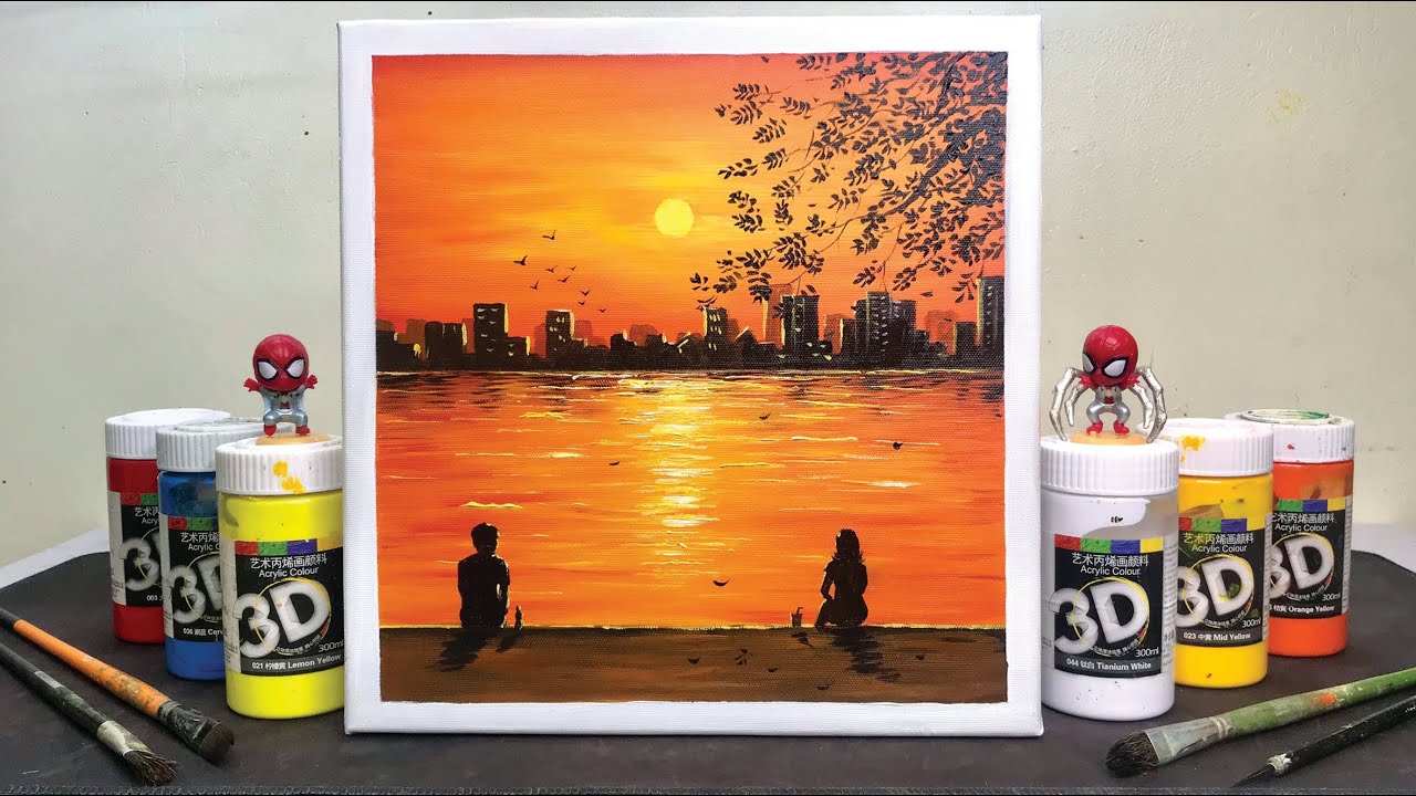 Vẽ Tranh Phong Cảnh Bằng Màu Acrylic #12/Hoàng Hôn Hồ Tây/Acrylic Landscape Painting/BT Art Drawing