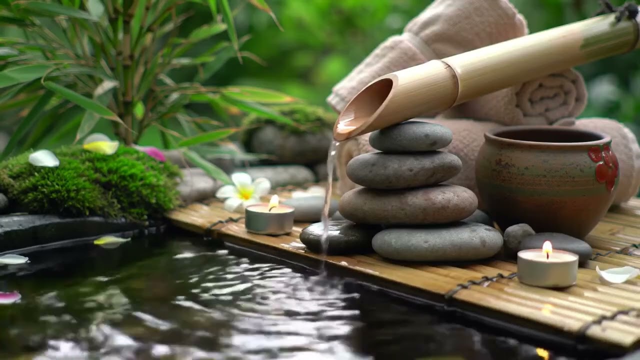 Peaceful Zen Flowing Water Bamboo Fountain and Candlelight with Stream Calm for Healing & Restful Sl