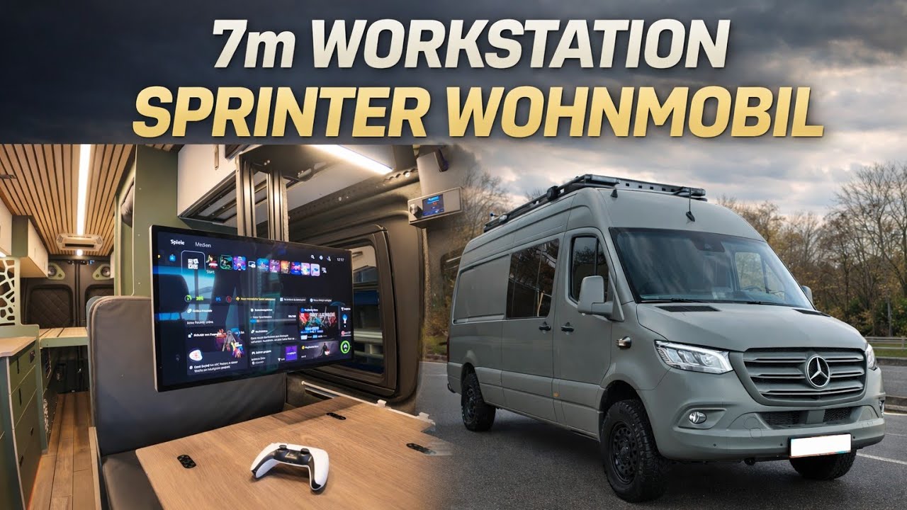 Monstervan 2026 Wohnmobil in Spielfilmlänge 7m Gaming Workstation Raptor Minimalismus Sprinter 4x4
