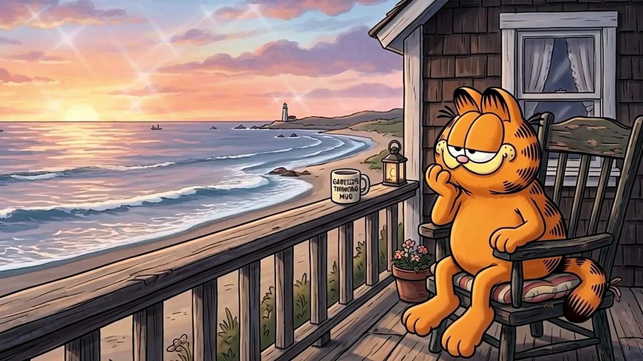 🏖️Cozy Garfield Beach Ambience | Relaxing Screen Decor & Ocean Vibes 🧡