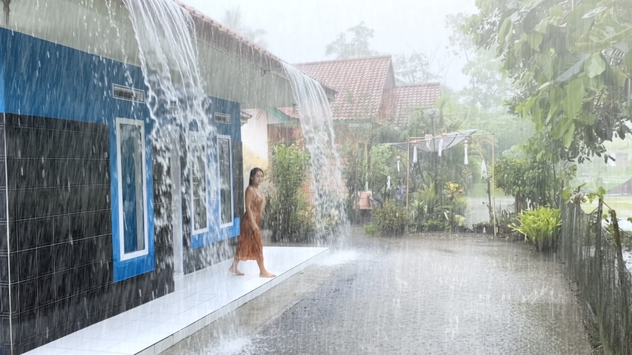 Tranquil Village Life During Heavy Rain and Thunderstorms | Rain Sounds For Sleeping