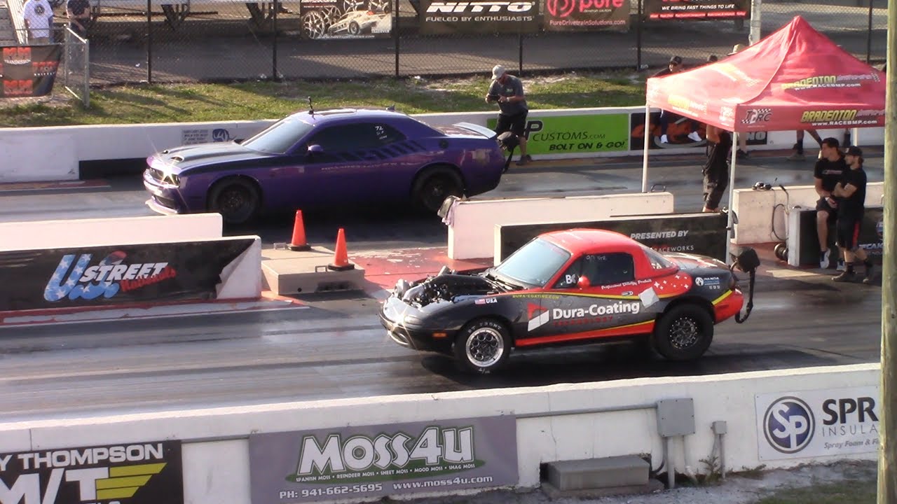 Mazda Miata vs Hellcat, Mustangs and Turbo Camaro Drag Races