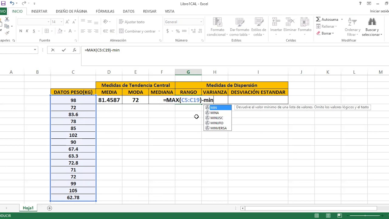 Calculando las media, moda, mediana, rango, varianza y desviación estándar con el programa de excel