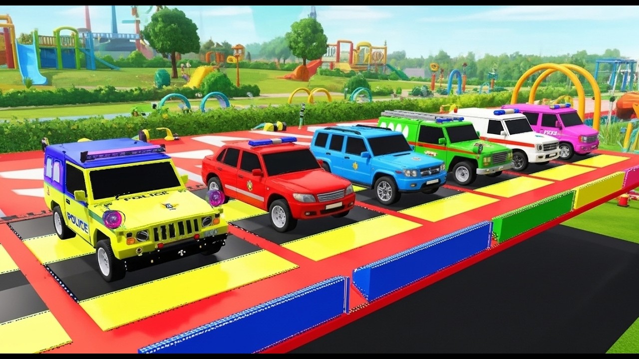Garage with Colors – SUPER JEEP POLICE PARADE with GIANT DOUBLE TRAILER TRUCK