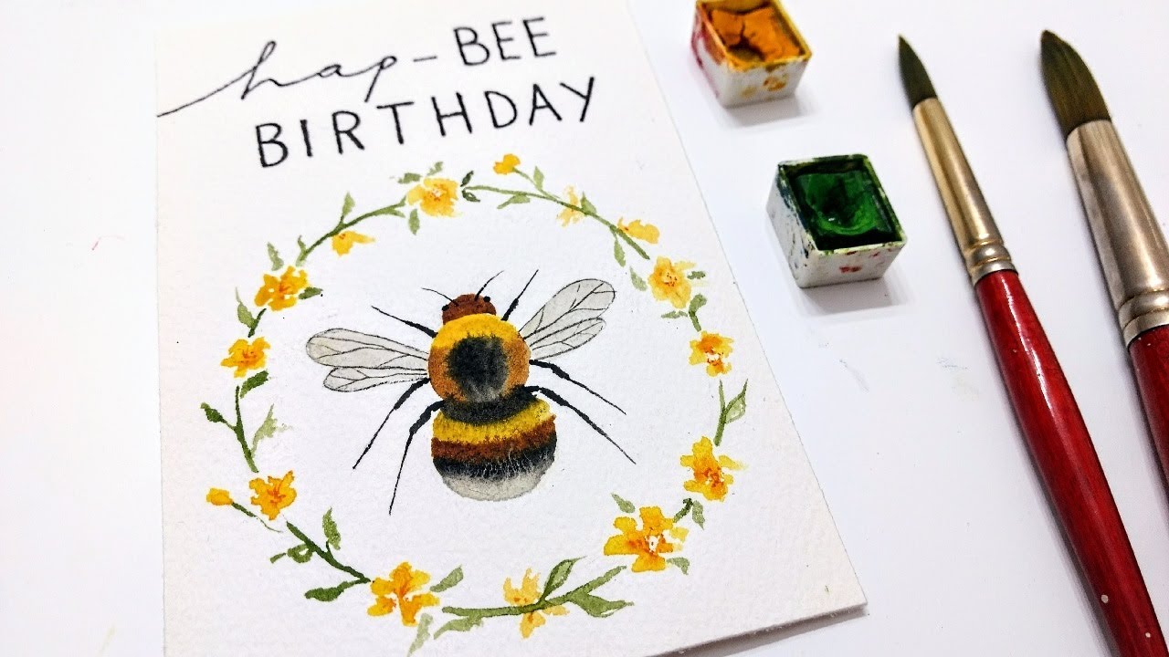 EASY Bee birthday card painting tutorial » How to paint a watercolor bee for beginners real time