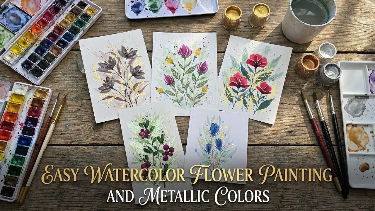 Easy flower painting with metallic colors/watercolor painting tutorial🎨