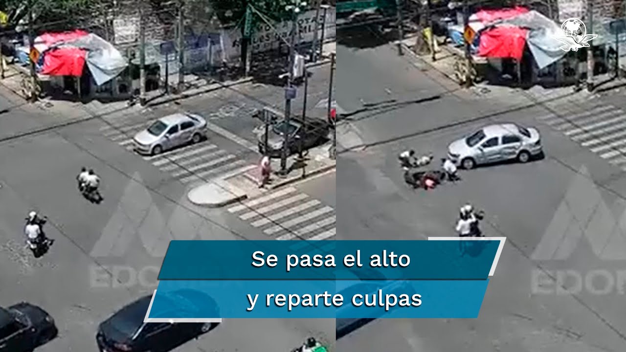 Motociclista se pasa el alto y se enoja porque automovilista lo atropella