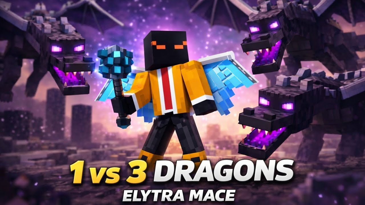 1 vs 3 dragons with elytra and mace 