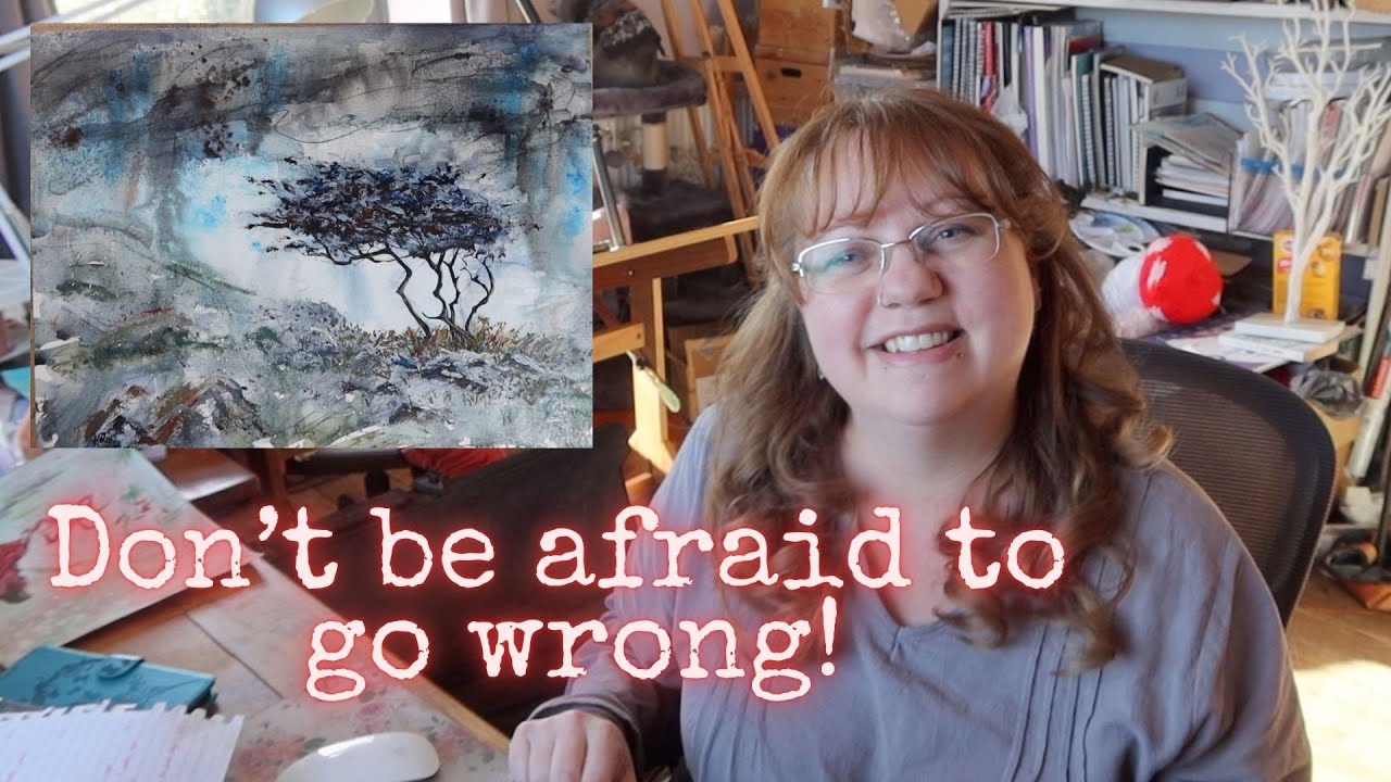 A Mixed media process of a landscape painting & using up leftover paint.