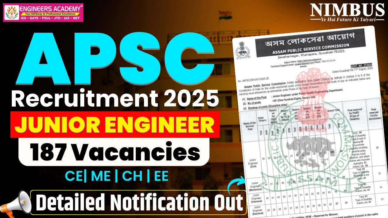 APSC Junior Engineer Recruitment 2025 | APSC JE 2025 Notification Out | Exam Pattern, Eligibility