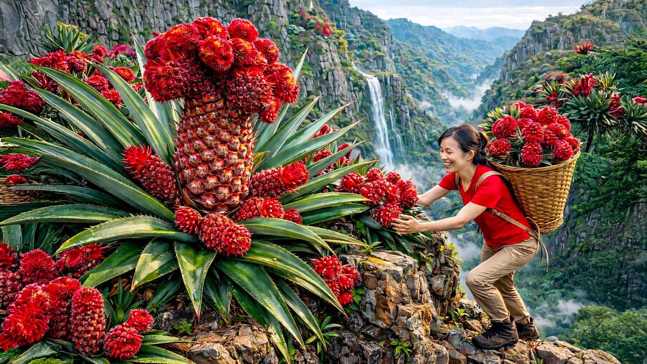 Harvesting GIANT Red Bonsai Pineapple Tree on Rocky Mountain | Rarest Fruit Sold Out Instantly