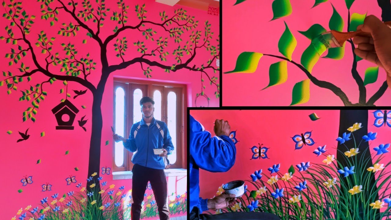 Tree wall painting easy scenery  || simple wall painting design || wall painting ideas 2021