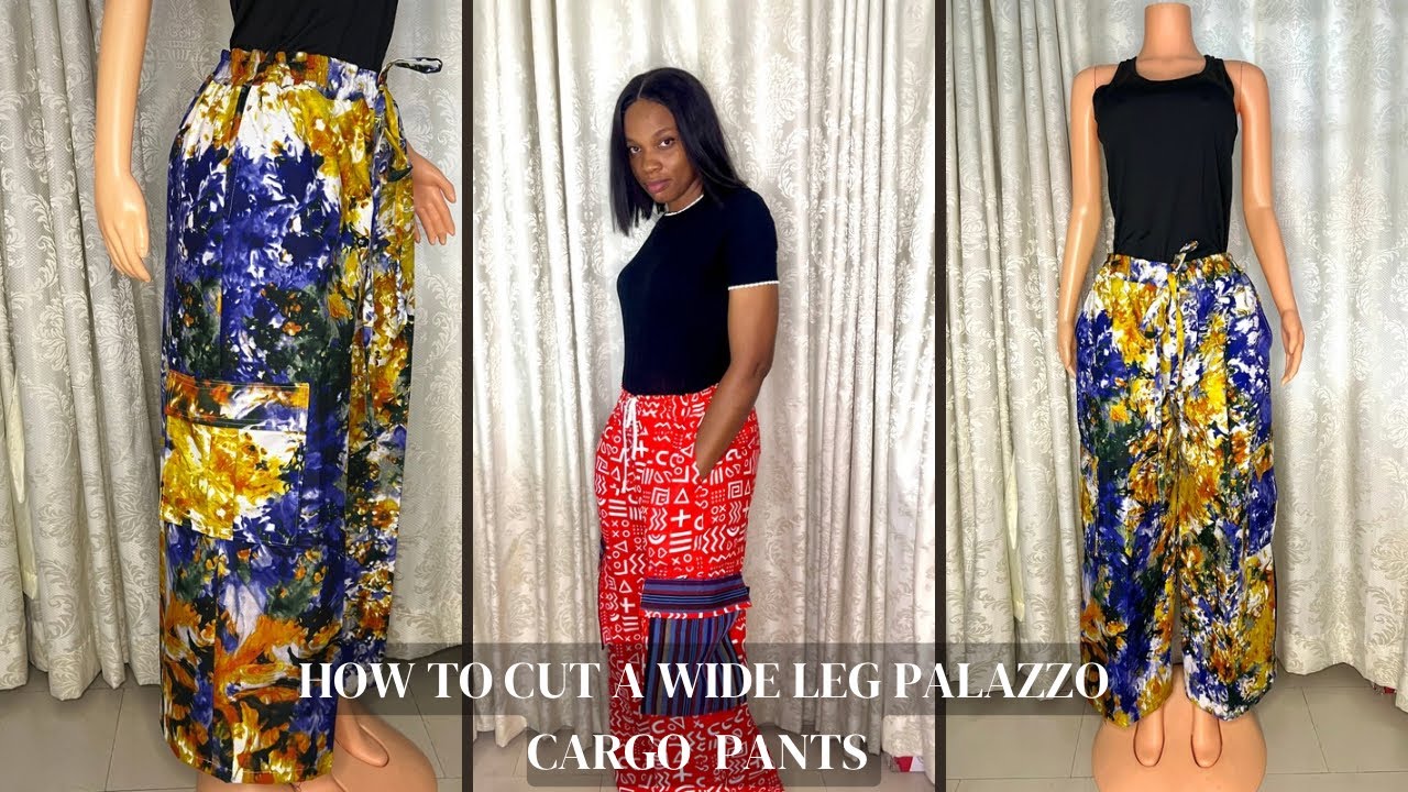 HOW TO CUT A WIDE LEG PALAZZO PANT WITH ELASTIC DRAWSTRING WAIST BAND, CARGO AND SIDE POCKETS.