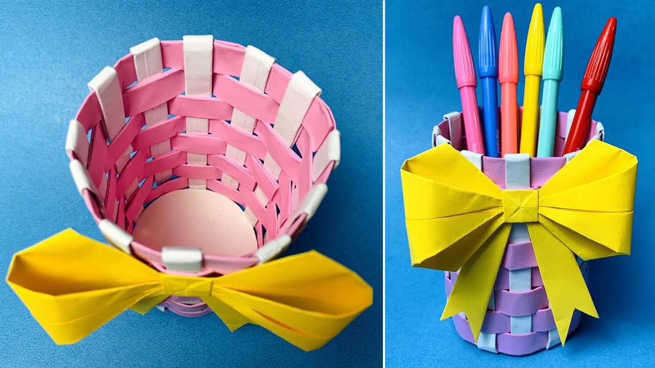 DIY PAPER BASKET | Pen Holder | How to Make Pen Stand | Origami Pencil Stand | Makeup Organizer